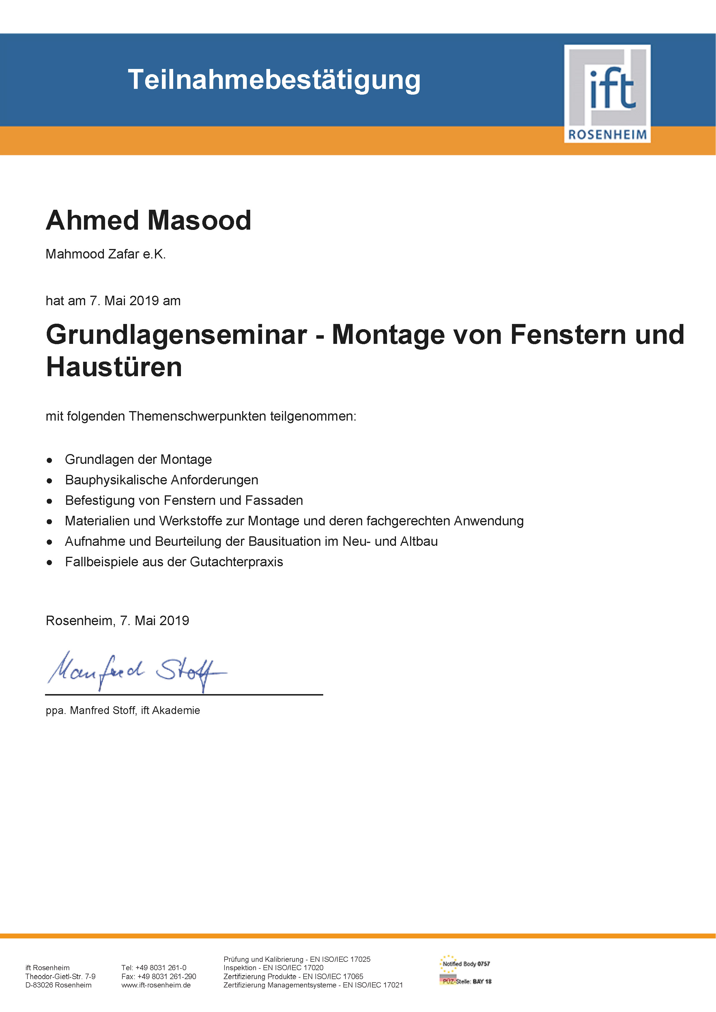 Teilnahmebestätigung ift Rosenheim