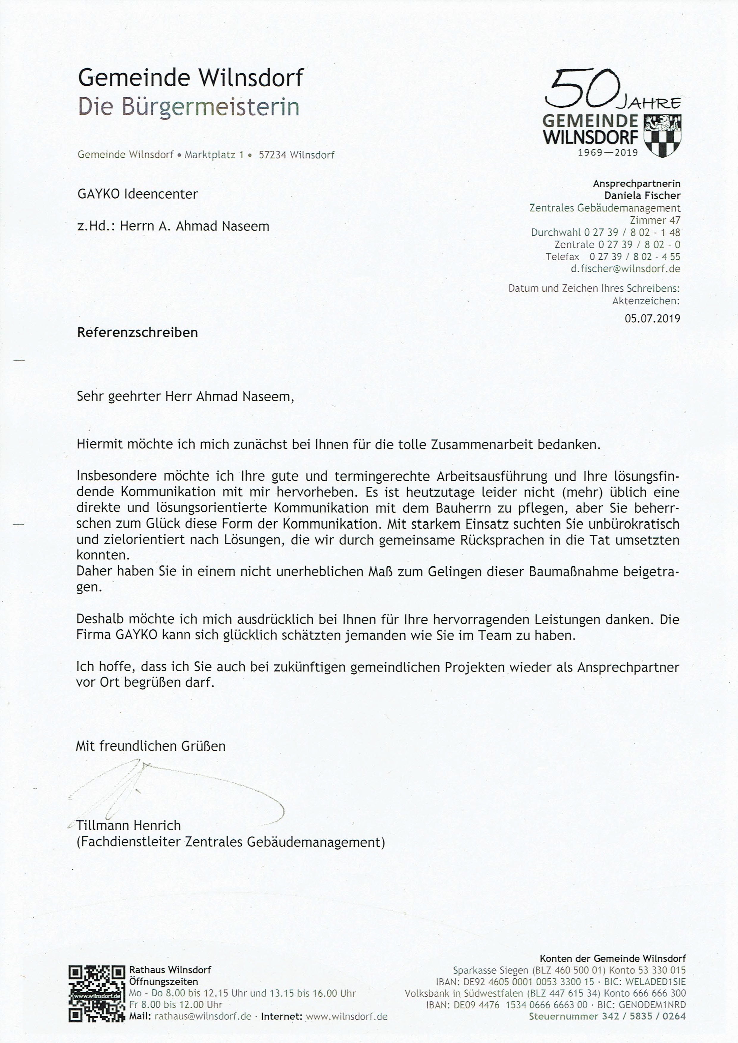 Die Bürgermeisterin, Gemeinde Wilnsdorf, Beurteilungsschreiben