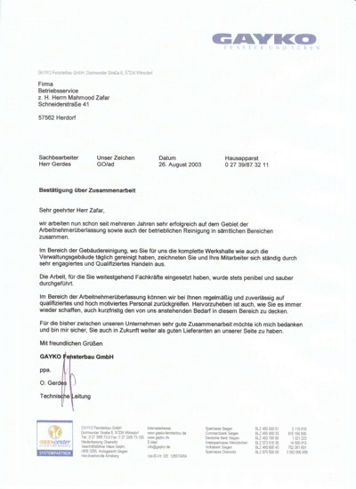 GAYKO Fensterbau GmbH, Wilnsdorf, Beurteilungsschreiben