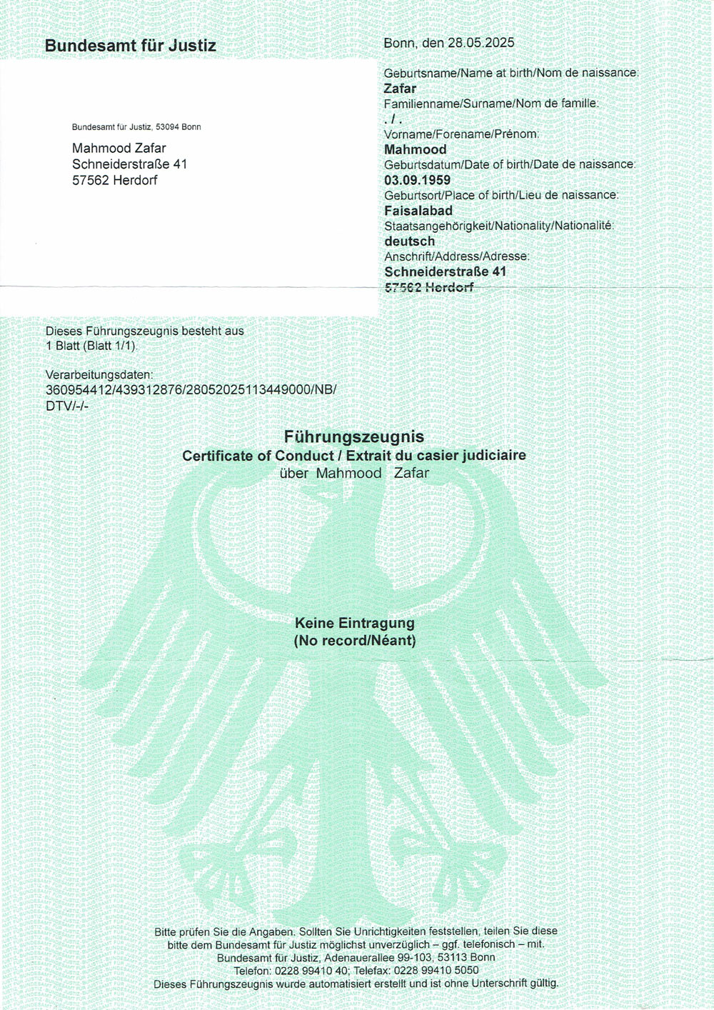 Führungszeugnis - Mahmood Zafar