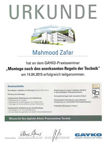 GAYKO Fensterbau GmbH Montage nach den anerkannten Regeln der Technik